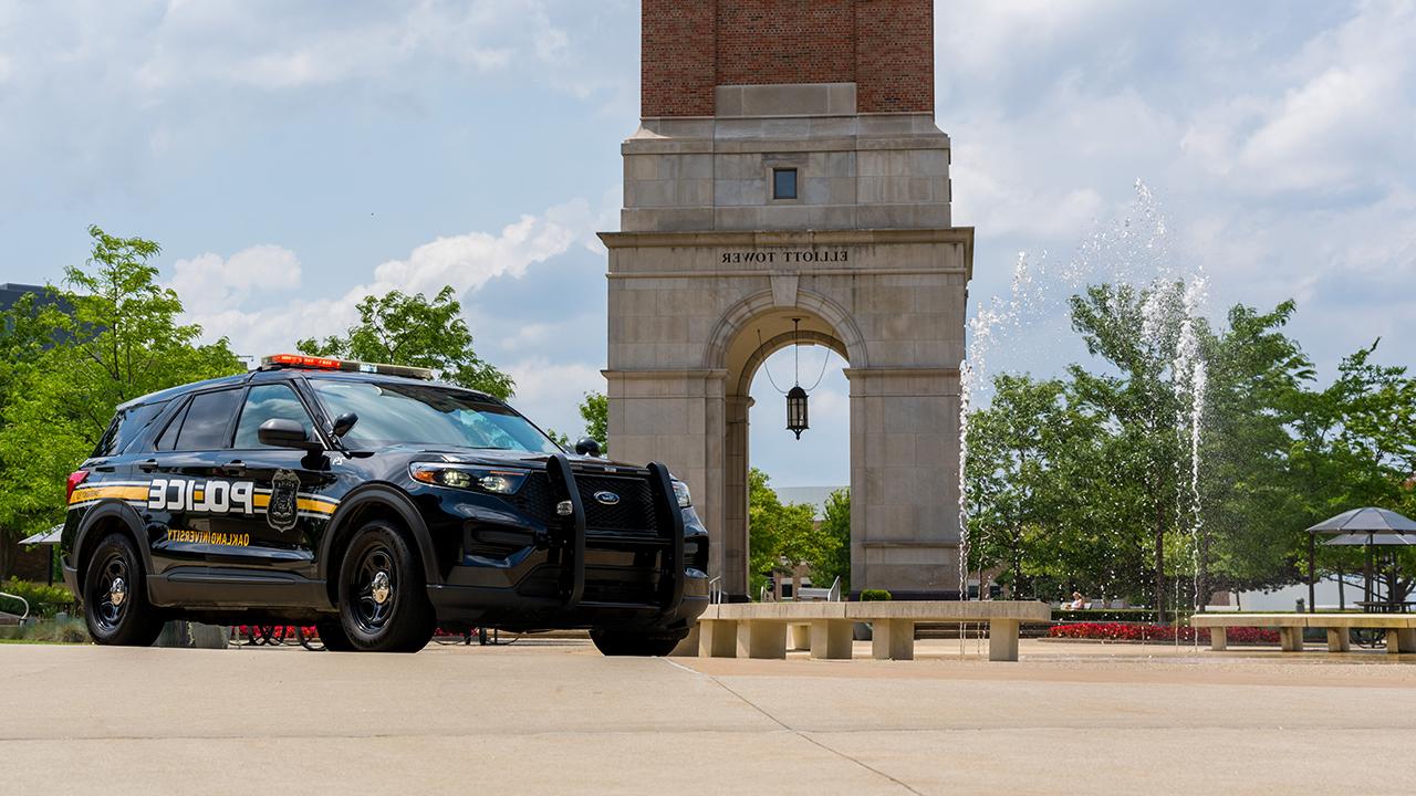 Police vehicle near Elliott Tower